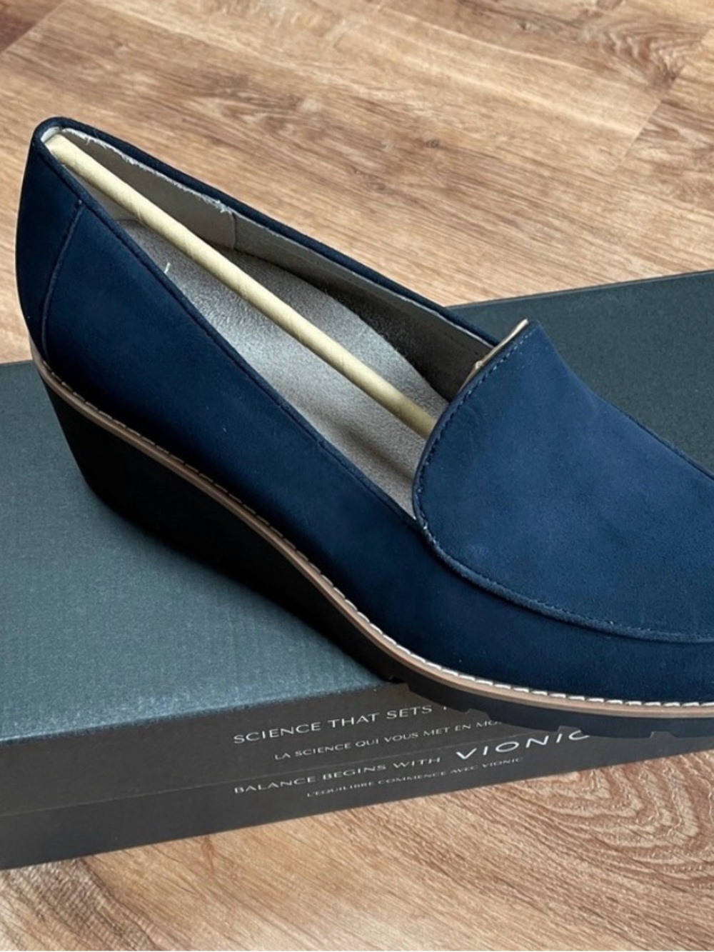 Vionic Ava Wedges Shoes Heels Navy Suede 9.5 Wide New With Box Career Comfort # - Picture 2 of 5